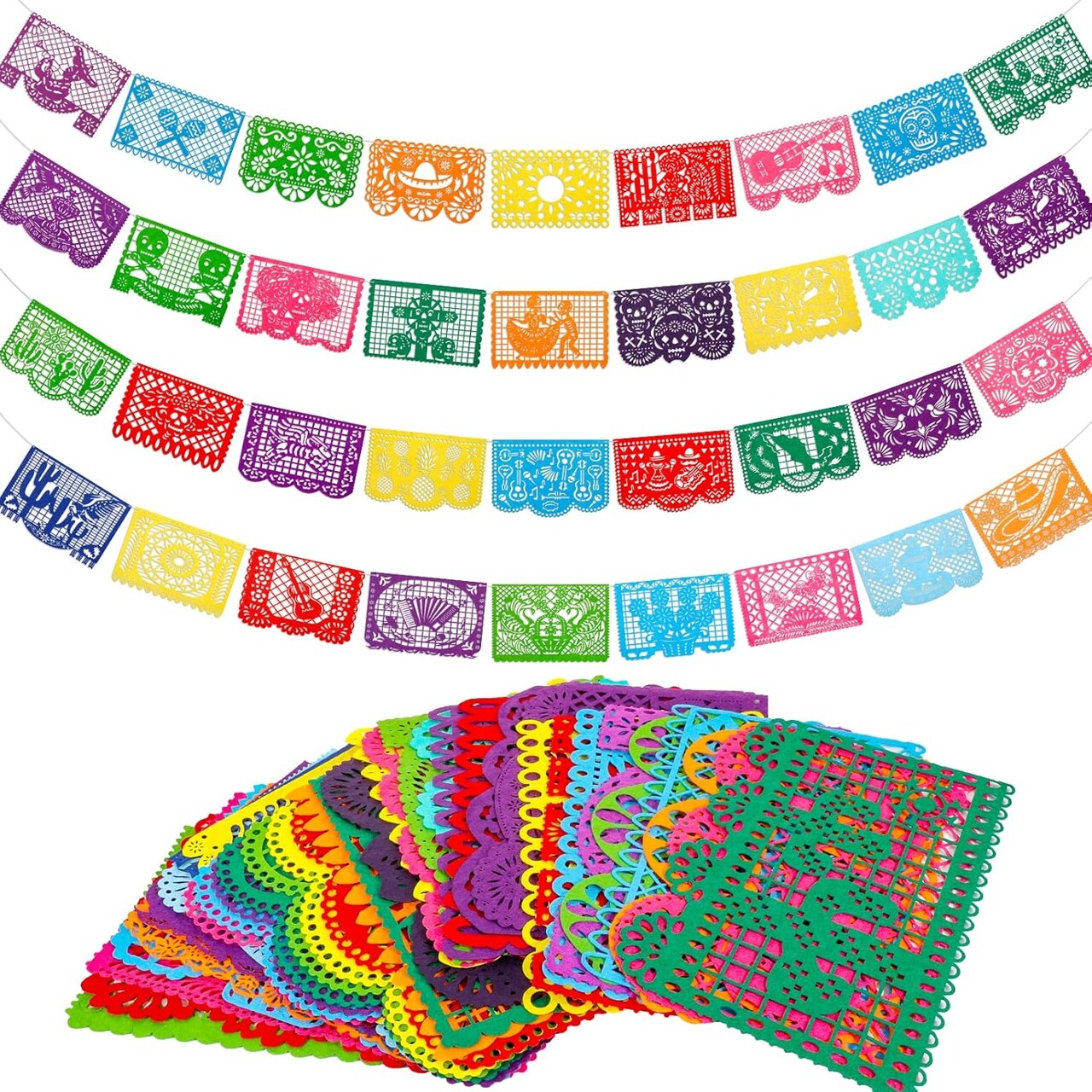 4-Pc Mexican Fiesta Felt Banner – 11.8×7.9 in, Cinco de Mayo & Dia de Los Muertos, 4 Designs